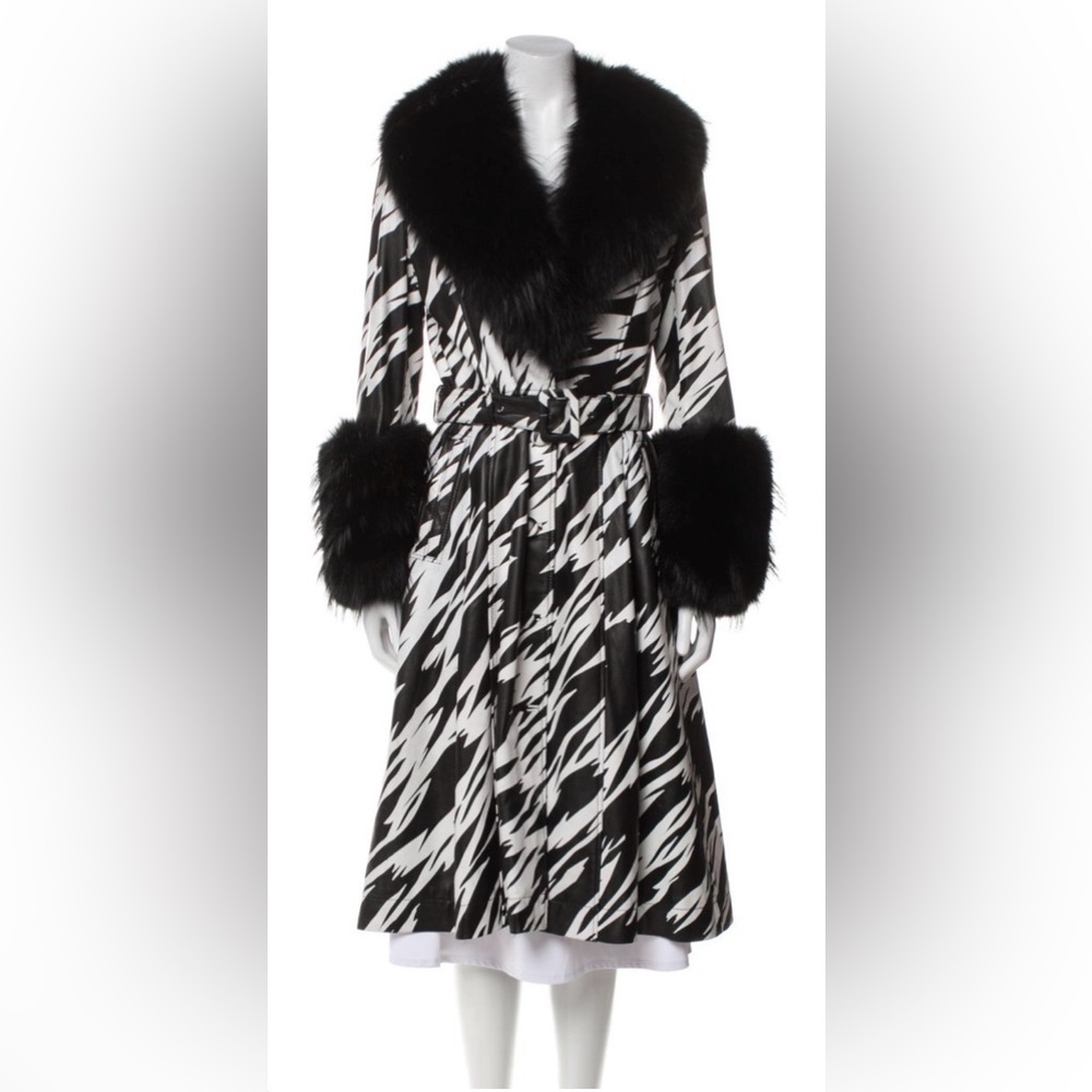 Saks Potts zebra black and white real leather coat with fur trim and collar